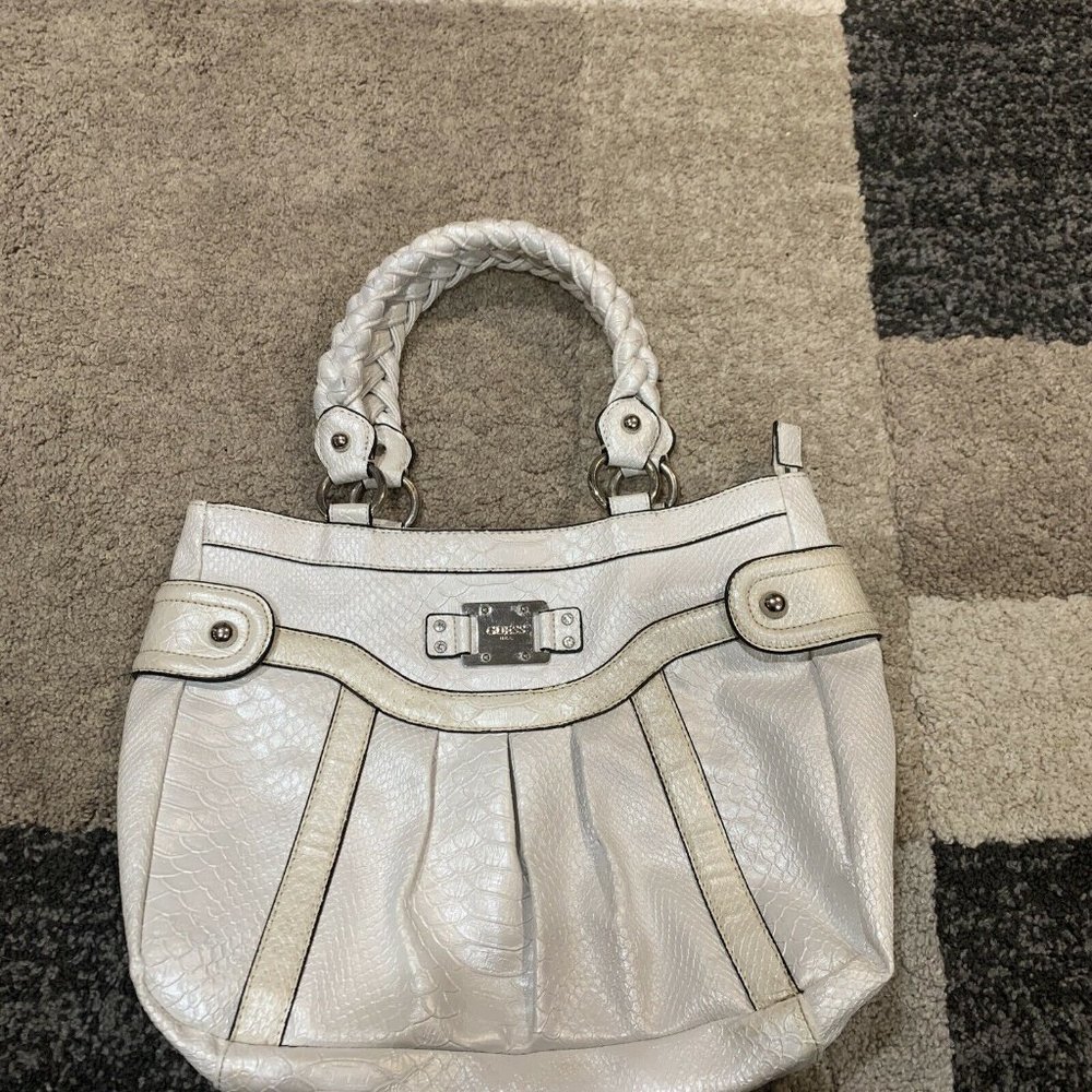 GUESS Winter White Ivory Snake Print Handbag Tote Shoulder Baguette Purse